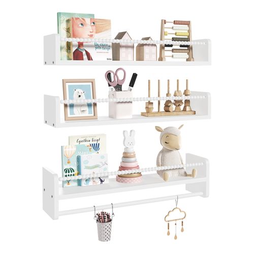 Lot De 3 Étagère Murale Pour Enfant, En Bois Massif, 60cm, Avec Perles En Bois, Blanc