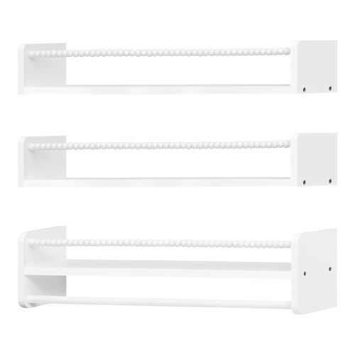 Lot De 3 Étagère Murale Pour Enfant, En Bois Massif, 60cm, Avec Perles En Bois, Blanc