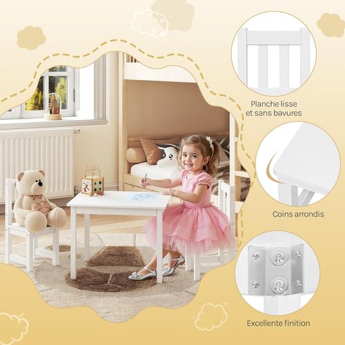 Ensemble De Table Et Chaises Pour Enfants, Avec Dossier, En Mdf, 60x50x48,5cm, Blanc