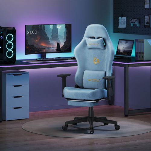 Chaise Gaming, Chaise Bureau Ergonomique,repose-pieds Rétractable, En Imitation Daim Respirant,bleu