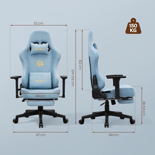 Chaise Gaming, Chaise Bureau Ergonomique,repose-pieds Rétractable, En Imitation Daim Respirant,bleu