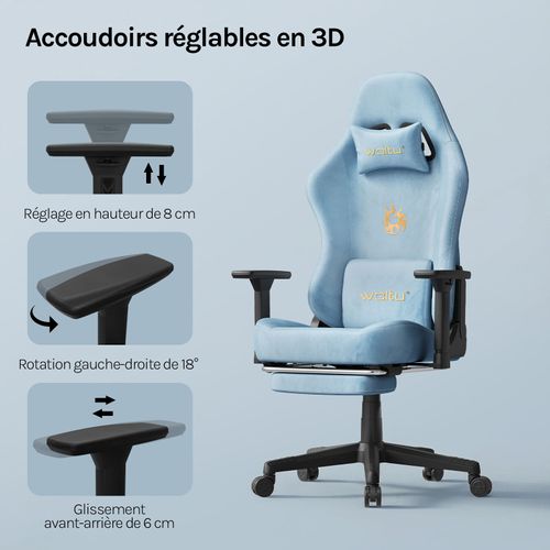 Chaise Gaming, Chaise Bureau Ergonomique,repose-pieds Rétractable, En Imitation Daim Respirant,bleu