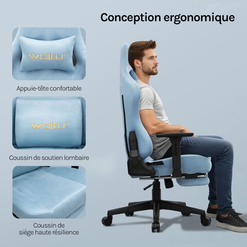 Chaise Gaming, Chaise Bureau Ergonomique,repose-pieds Rétractable, En Imitation Daim Respirant,bleu