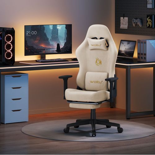 Chaise Gaming,chaise Bureau Ergonomique,repose-pieds Rétractable, En Imitation Daim Respirant,crème