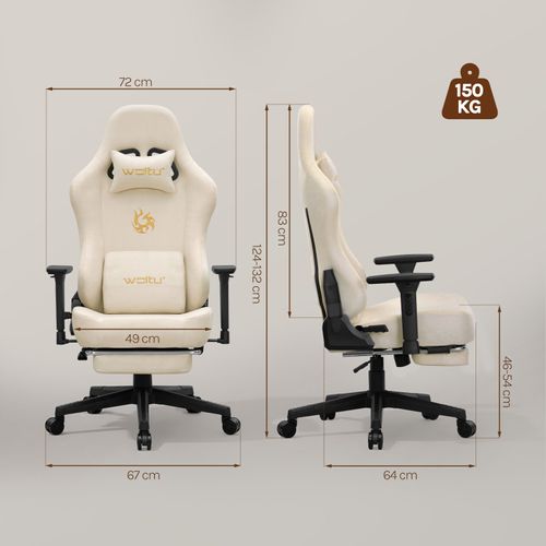 Chaise Gaming,chaise Bureau Ergonomique,repose-pieds Rétractable, En Imitation Daim Respirant,crème