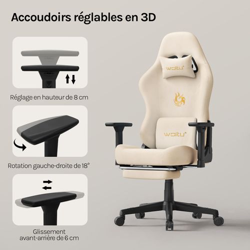 Chaise Gaming,chaise Bureau Ergonomique,repose-pieds Rétractable, En Imitation Daim Respirant,crème