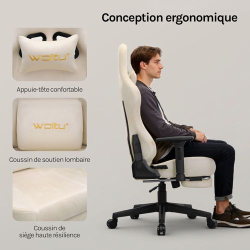 Chaise Gaming,chaise Bureau Ergonomique,repose-pieds Rétractable, En Imitation Daim Respirant,crème