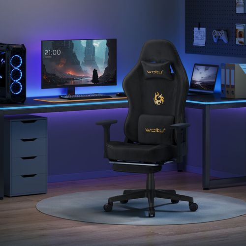 Chaise Gaming, Chaise Bureau Ergonomique,repose-pieds Rétractable, En Imitation Daim Respirant,noir