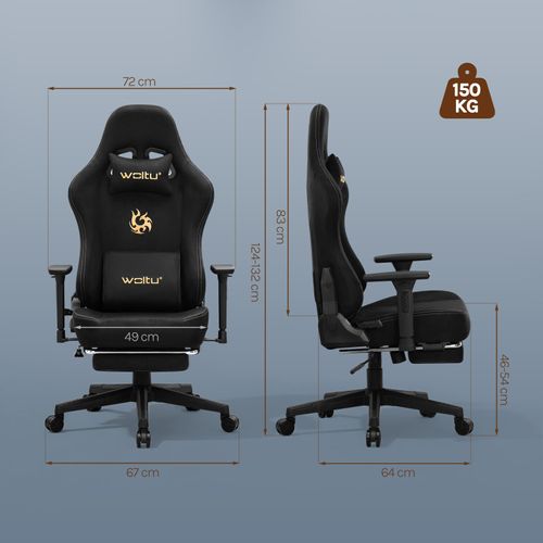 Chaise Gaming, Chaise Bureau Ergonomique,repose-pieds Rétractable, En Imitation Daim Respirant,noir