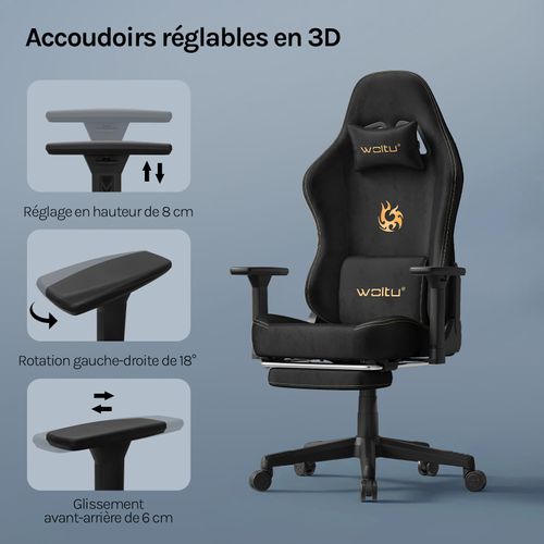Chaise Gaming, Chaise Bureau Ergonomique,repose-pieds Rétractable, En Imitation Daim Respirant,noir