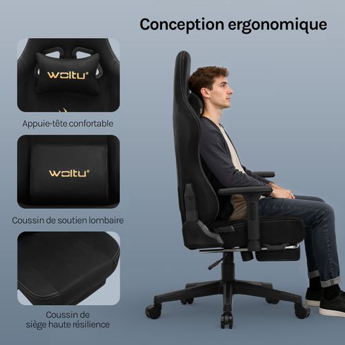 Chaise Gaming, Chaise Bureau Ergonomique,repose-pieds Rétractable, En Imitation Daim Respirant,noir