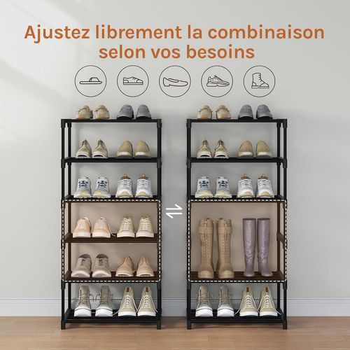 Étagère Chaussures à 6 Niveaux, Étroit,pour Entrée, Salon, Couloir, Tube En Métal, 42x30x88cm, Noir