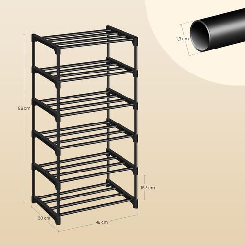 Étagère Chaussures à 6 Niveaux, Étroit,pour Entrée, Salon, Couloir, Tube En Métal, 42x30x88cm, Noir