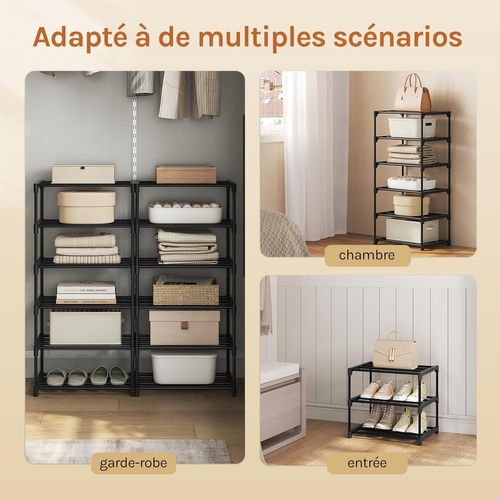 Étagère Chaussures à 6 Niveaux, Étroit,pour Entrée, Salon, Couloir, Tube En Métal, 42x30x88cm, Noir