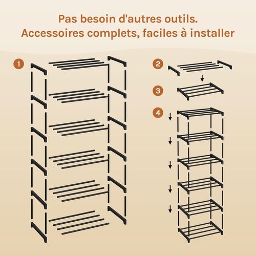 Étagère Chaussures à 6 Niveaux, Étroit,pour Entrée, Salon, Couloir, Tube En Métal, 42x30x88cm, Noir