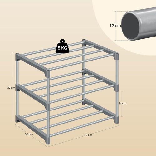 Étagère Chaussures à 3 Niveaux, Étroit,pour Entrée, Salon, Couloir, Tube En Métal, 42x30x37cm, Gris