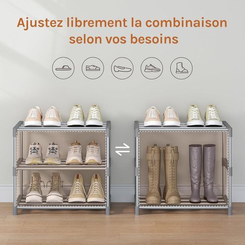 Étagère Chaussures à 3 Niveaux, Étroit,pour Entrée, Salon, Couloir, Tube En Métal, 42x30x37cm, Gris