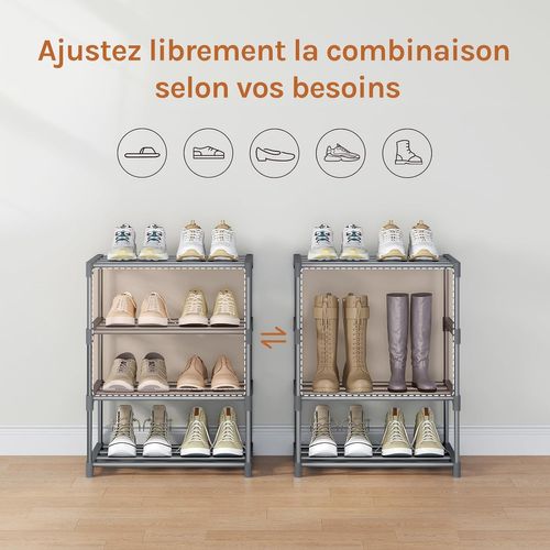 Étagère Chaussures à 4 Niveaux, Étroit,pour Entrée, Salon, Couloir, Tube En Métal, 42x30x54cm, Gris