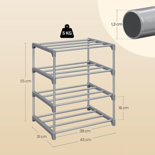 Étagère Chaussures à 4 Niveaux, Étroit,pour Entrée, Salon, Couloir, Tube En Métal, 42x30x54cm, Gris