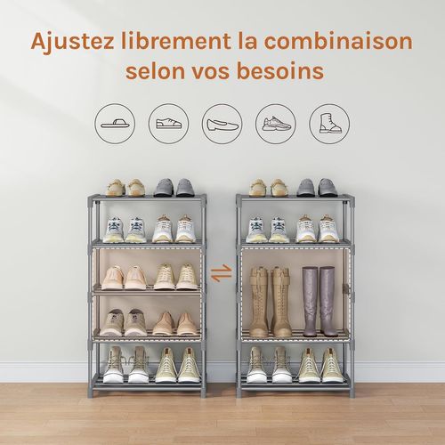 Étagère Chaussures à 5 Niveaux, Étroit,pour Entrée, Salon, Couloir, Tube En Métal, 42x30x71cm, Gris