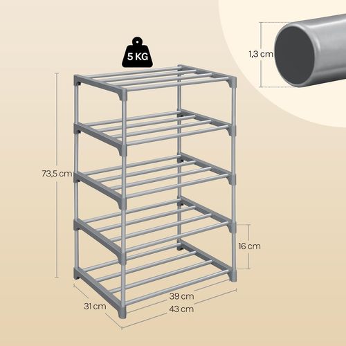 Étagère Chaussures à 5 Niveaux, Étroit,pour Entrée, Salon, Couloir, Tube En Métal, 42x30x71cm, Gris