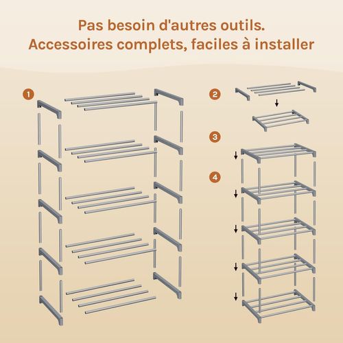 Étagère Chaussures à 5 Niveaux, Étroit,pour Entrée, Salon, Couloir, Tube En Métal, 42x30x71cm, Gris