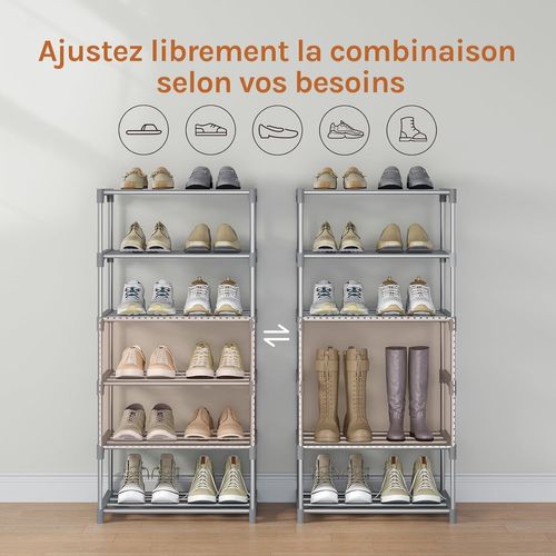 Étagère Chaussures à 6 Niveaux, Étroit,pour Entrée, Salon, Couloir, Tube En Métal, 42x30x88cm, Gris