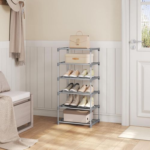 Étagère Chaussures à 6 Niveaux, Étroit,pour Entrée, Salon, Couloir, Tube En Métal, 42x30x88cm, Gris