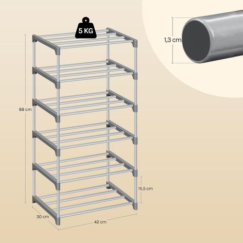 Étagère Chaussures à 6 Niveaux, Étroit,pour Entrée, Salon, Couloir, Tube En Métal, 42x30x88cm, Gris