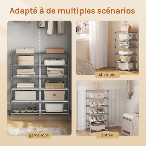 Étagère Chaussures à 6 Niveaux, Étroit,pour Entrée, Salon, Couloir, Tube En Métal, 42x30x88cm, Gris