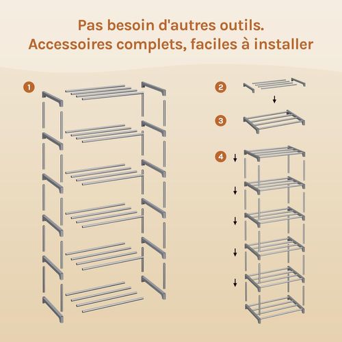 Étagère Chaussures à 6 Niveaux, Étroit,pour Entrée, Salon, Couloir, Tube En Métal, 42x30x88cm, Gris