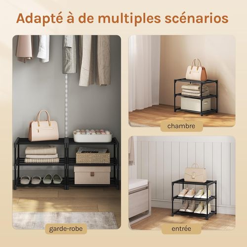 Étagère Chaussures à 3 Niveaux, Étroit,pour Entrée, Salon, Couloir, Tube En Métal, 42x30x37cm, Noir