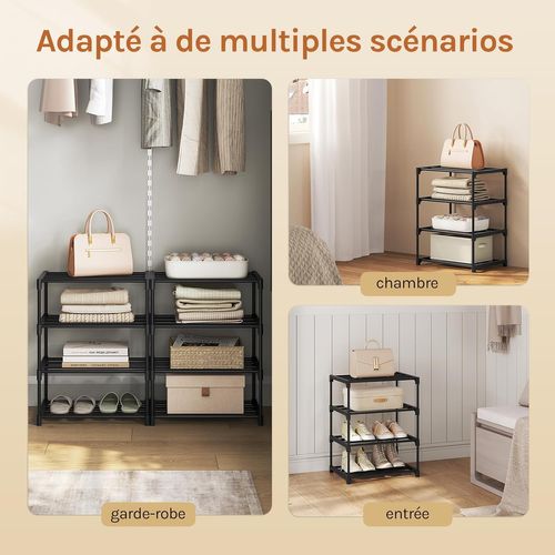 Étagère Chaussures à 4 Niveaux, Étroit,pour Entrée, Salon, Couloir, Tube En Métal, 42x30x54cm, Noir