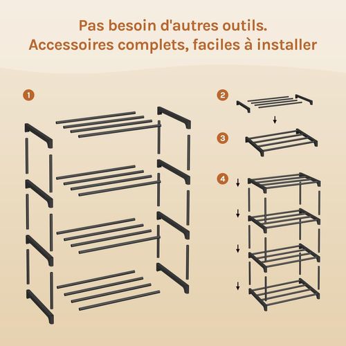 Étagère Chaussures à 4 Niveaux, Étroit,pour Entrée, Salon, Couloir, Tube En Métal, 42x30x54cm, Noir