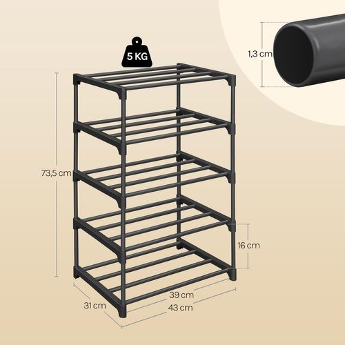 Étagère Chaussures à 5 Niveaux, Étroit,pour Entrée, Salon, Couloir, Tube En Métal, 42x30x71cm, Noir