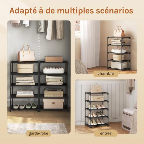 Étagère Chaussures à 5 Niveaux, Étroit,pour Entrée, Salon, Couloir, Tube En Métal, 42x30x71cm, Noir