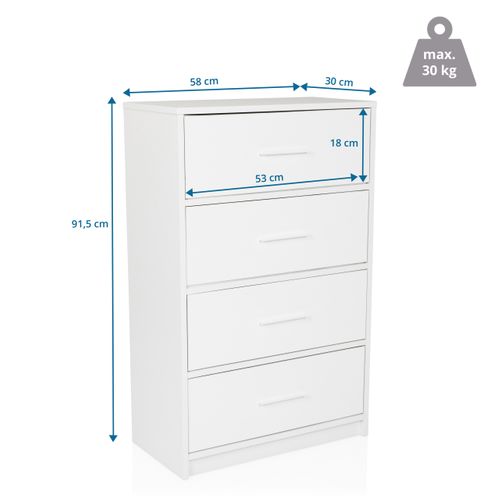 Commode 4 Tiroirs Estoria Blanc Panneau Mdf, Revêtement Mélaminé