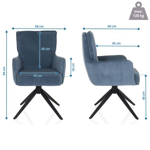 Chaise Rembourrée Tarugo Tissu Bleu Accoudoirs Compris