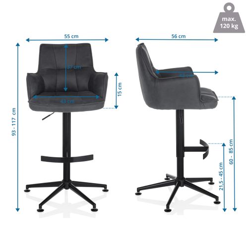 Tabouret De Bar Solao Life High Microfibre Anthracite Accoudoirs Compris