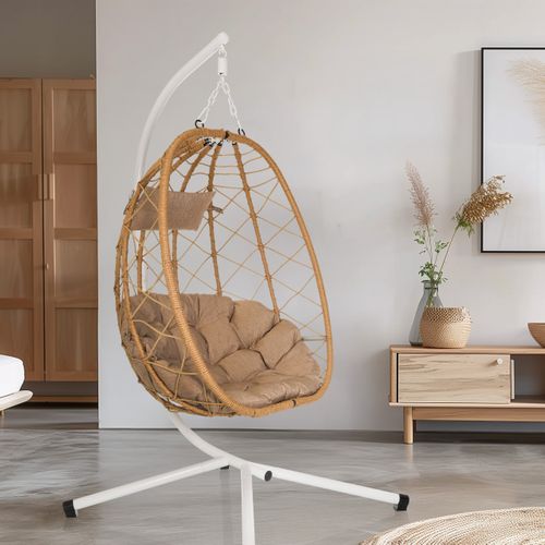 Fauteuil Suspendu Cocova Tissu, Rotin Pe, Fer Blanc/beige