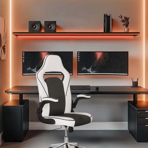 Fauteuil Gamer Game Sport Pro Simili Blanc/gris Foncé Avec Accoudoirs Rabattables