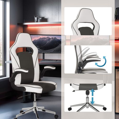Fauteuil Gamer Game Sport Pro Simili Blanc/gris Foncé Avec Accoudoirs Rabattables