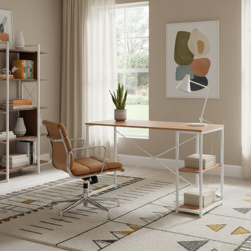 Bureau Easy Up2 Panneau De Particules Mélaminé, Structure En Acier Peinte En Époxy Blanc/chêne