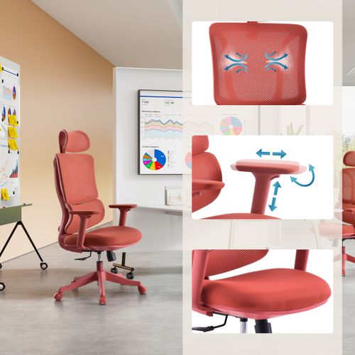 Chaise De Bureau Ergomy Colore Tissu / Tissu Maille Rouge Avec Accoudoirs (réglables En Hauteur)