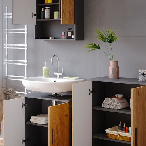 Meubles Bain Irma 36808 Chêne Doré/anthracite 3 Pièces, Avec Armoire Basse 60 Cm