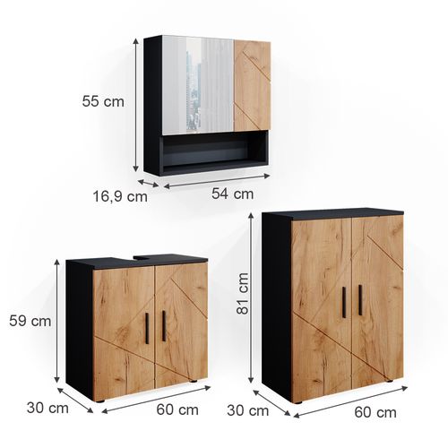 Meubles Bain Irma 36808 Chêne Doré/anthracite 3 Pièces, Avec Armoire Basse 60 Cm