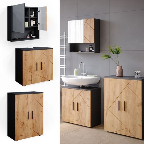 Meubles Bain Irma 36808 Chêne Doré/anthracite 3 Pièces, Avec Armoire Basse 60 Cm