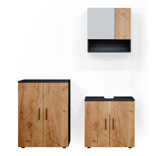 Meubles Bain Irma 36808 Chêne Doré/anthracite 3 Pièces, Avec Armoire Basse 60 Cm