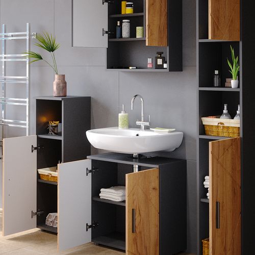 Meubles Bain Irma 36812 Chêne Doré/anthracite 4 Pièces, Avec Armoire Haute