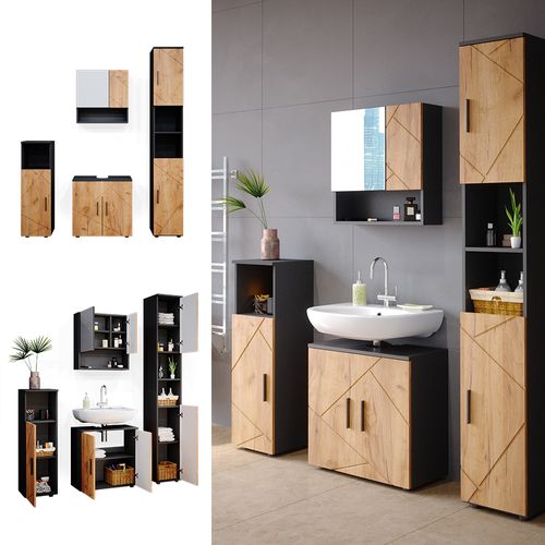 Meubles Bain Irma 36812 Chêne Doré/anthracite 4 Pièces, Avec Armoire Haute